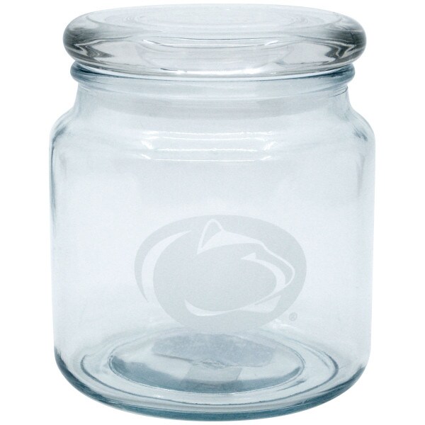 glass jar with etched Penn State Athletic Logo and glass lid